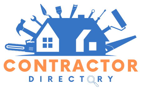 blue and orange logo for contractor directory which features a home with building tools around it.